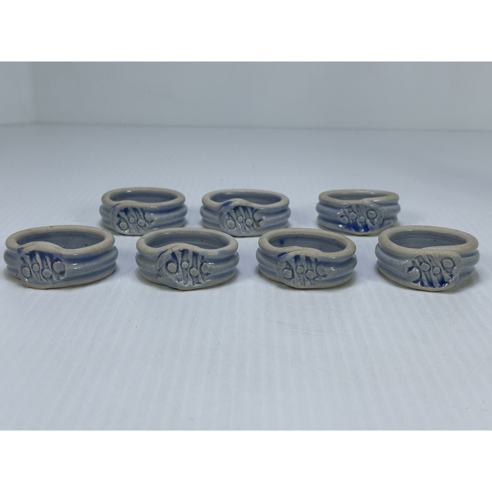 Handmade Pottery Napkin Rings Set of 4 Natural with Blue Accent
